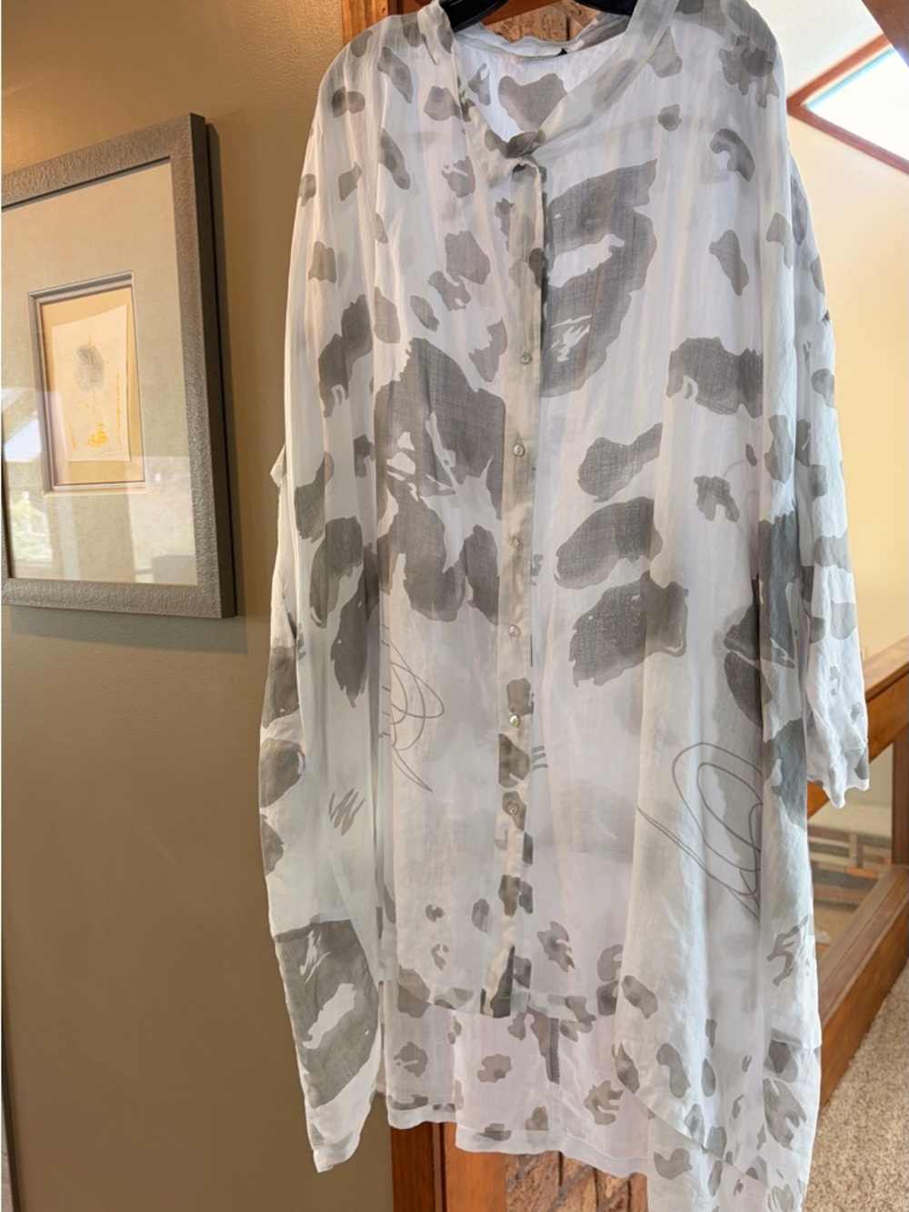 Banana Blue XXL Fine Linen Artisan Button-Front Tunic Gray Watercolor Print
